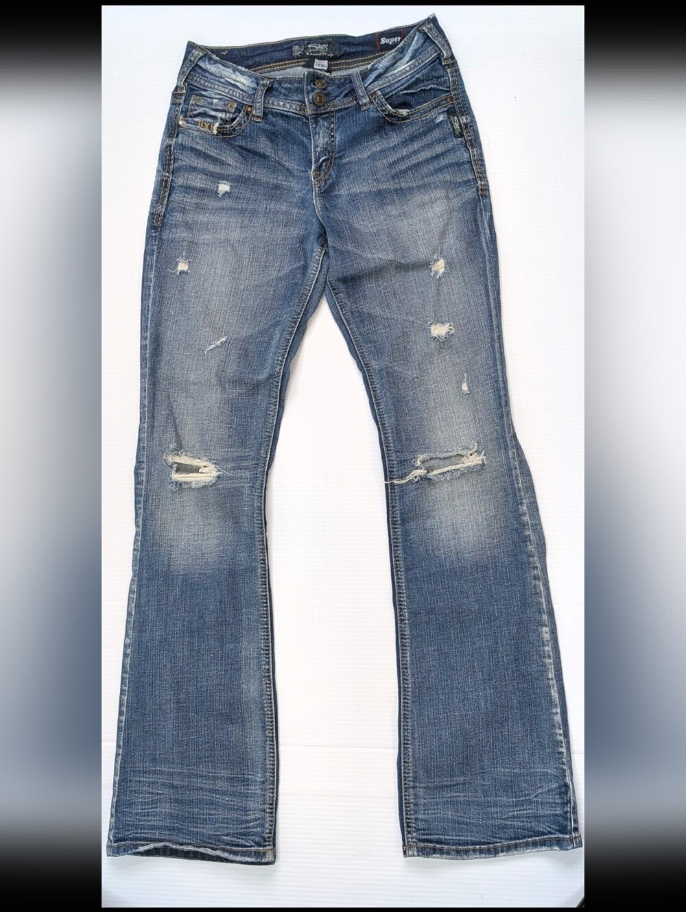 Silver Suki Mid Boot Cut Distressed Jeans in Dark Blue Wash
